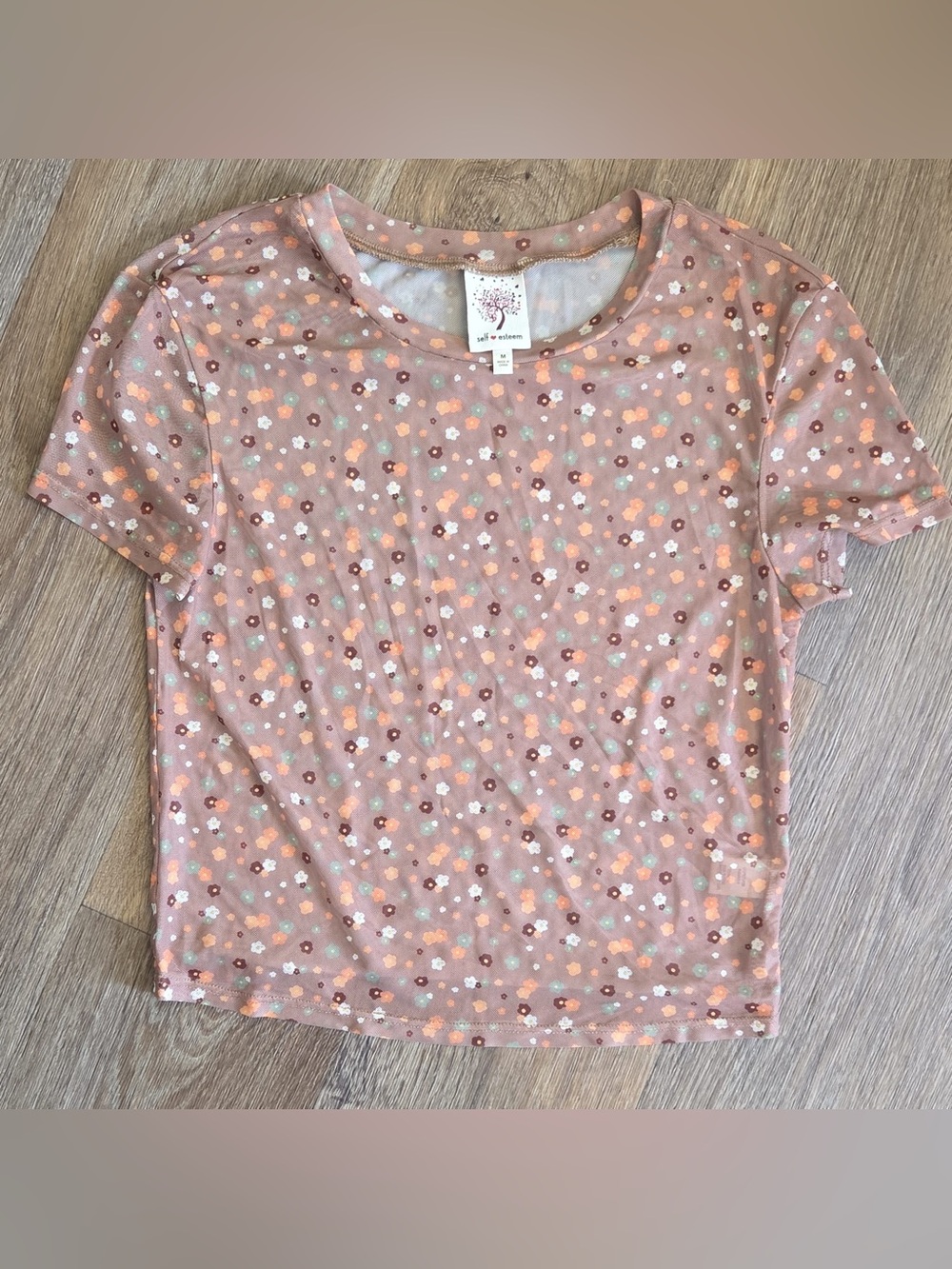Self Esteem Brown Floral Mesh Tee with Multicolor Accents